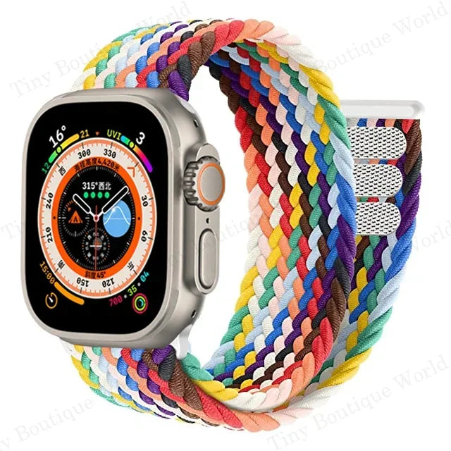 Braided band with Apple Watch face shown in detail with woven pattern
