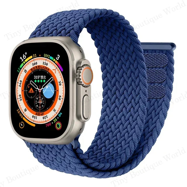 Braided band with Apple Watch face shown in detail with woven pattern

