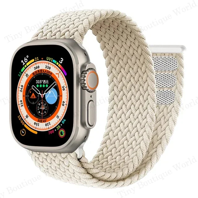 Braided band with Apple Watch face shown in detail with woven pattern
