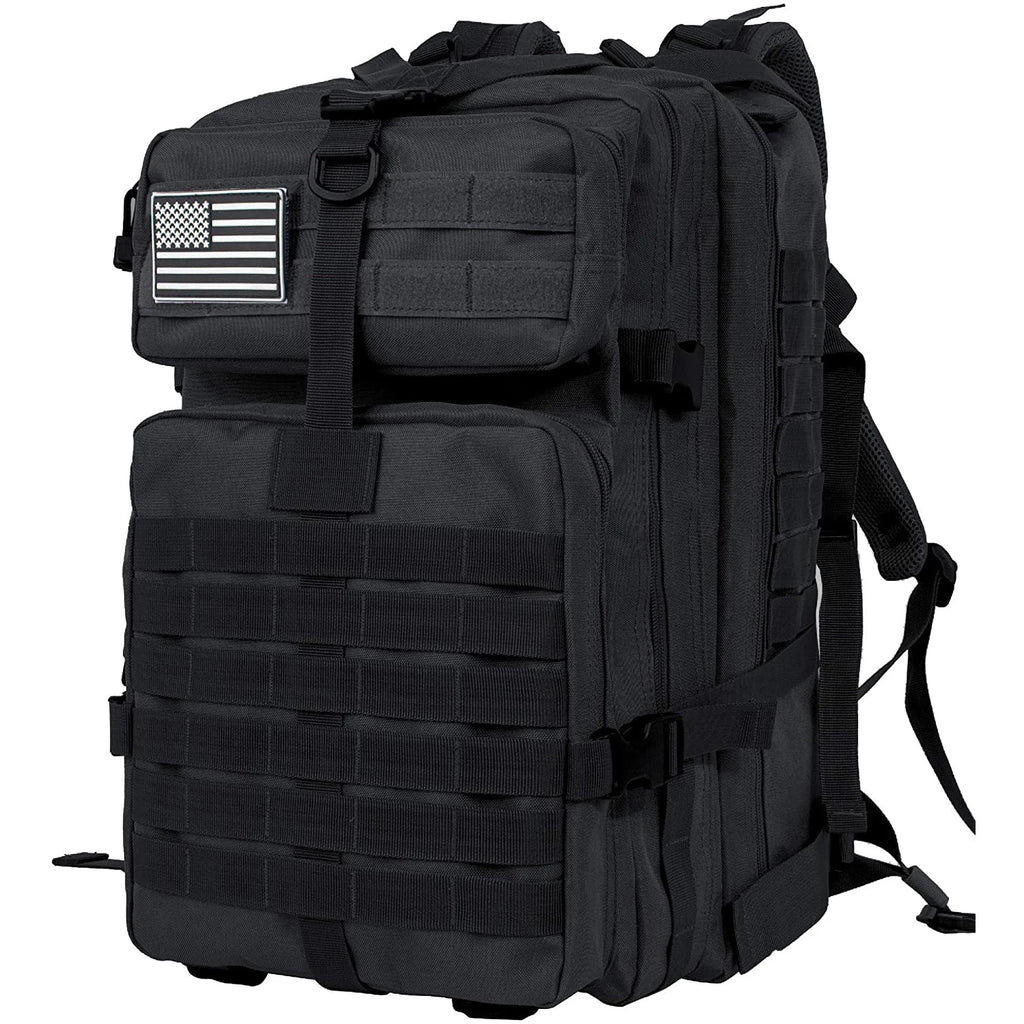 Black tactical backpack with multiple compartments designed for nurses on the go