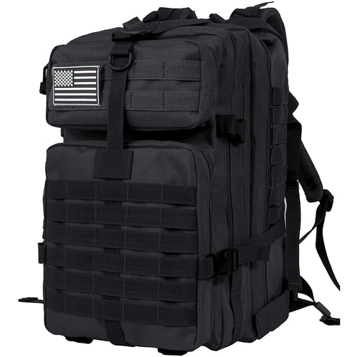 Black tactical backpack with multiple compartments designed for nurses on the go