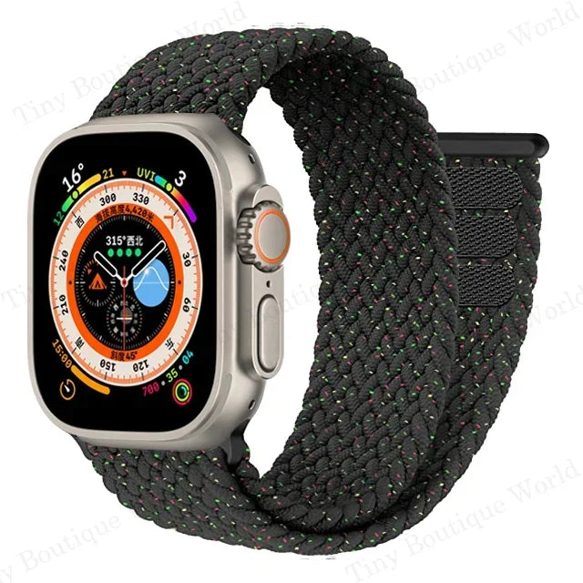 Braided band with Apple Watch face shown in detail with woven pattern
