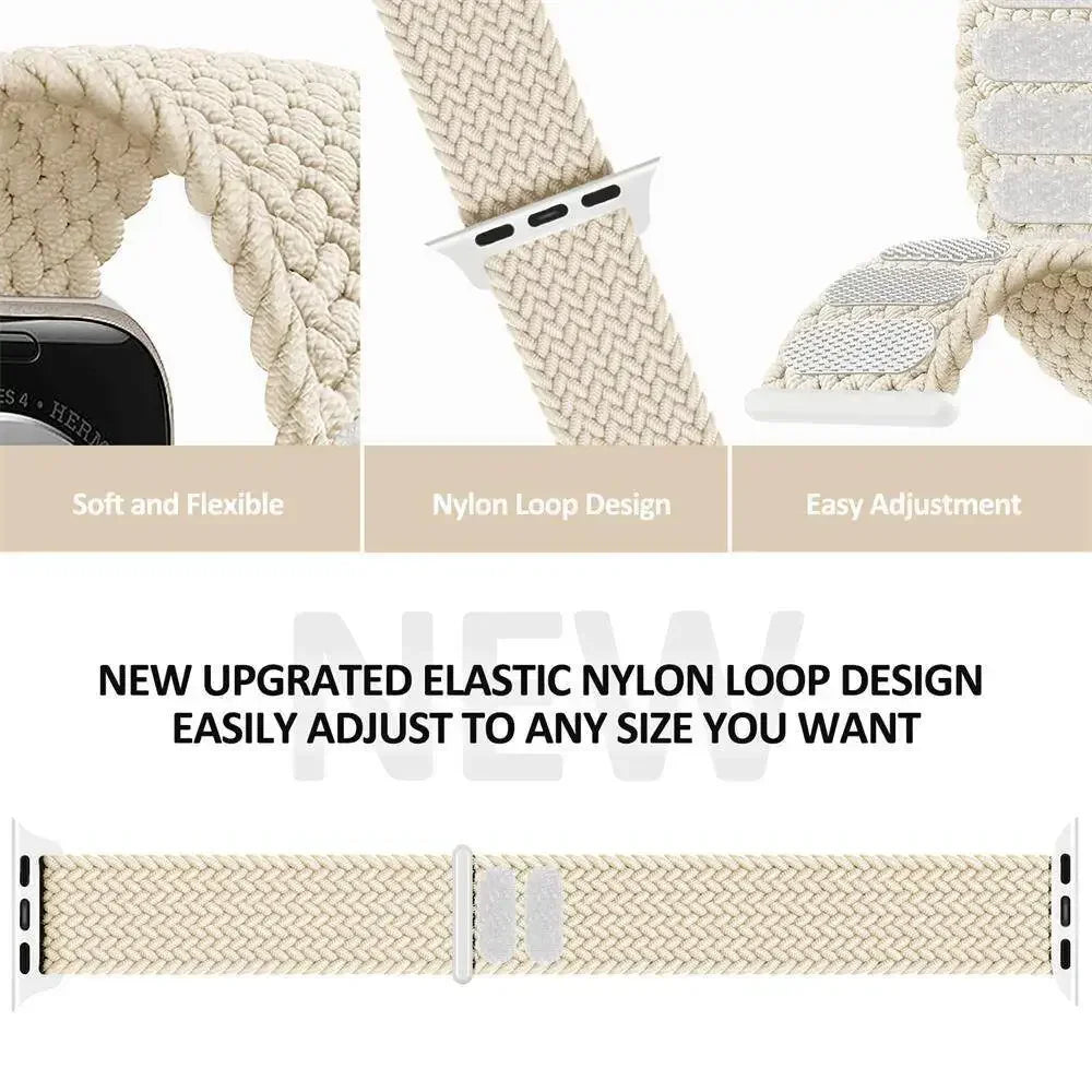 Elastic braided Apple Watch strap on a neutral background
