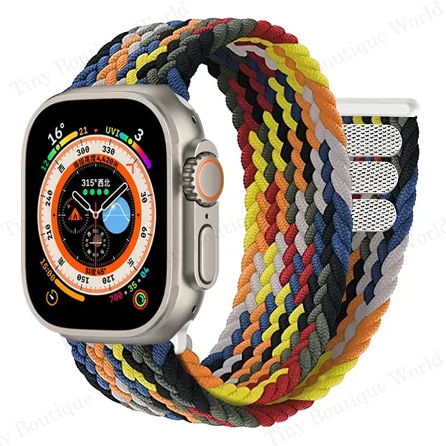 Braided band with Apple Watch face shown in detail with woven pattern
