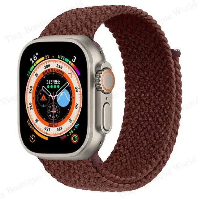 Braided band with Apple Watch face shown in detail with woven pattern

