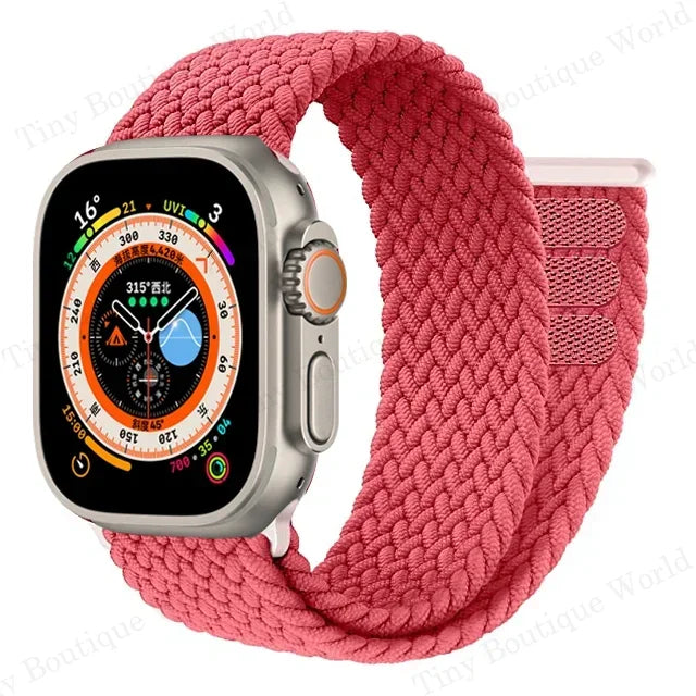 Braided band with Apple Watch face shown in detail with woven pattern
