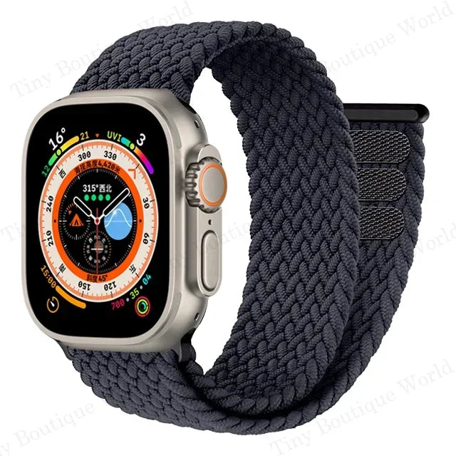 Braided band with Apple Watch face shown in detail with woven pattern
