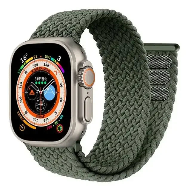 Braided band with Apple Watch face shown in detail with woven pattern
