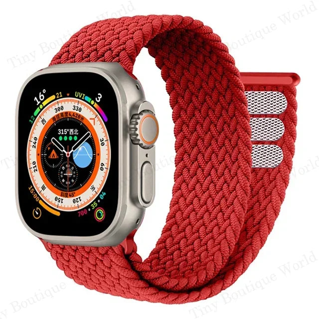 Braided band with Apple Watch face shown in detail with woven pattern
