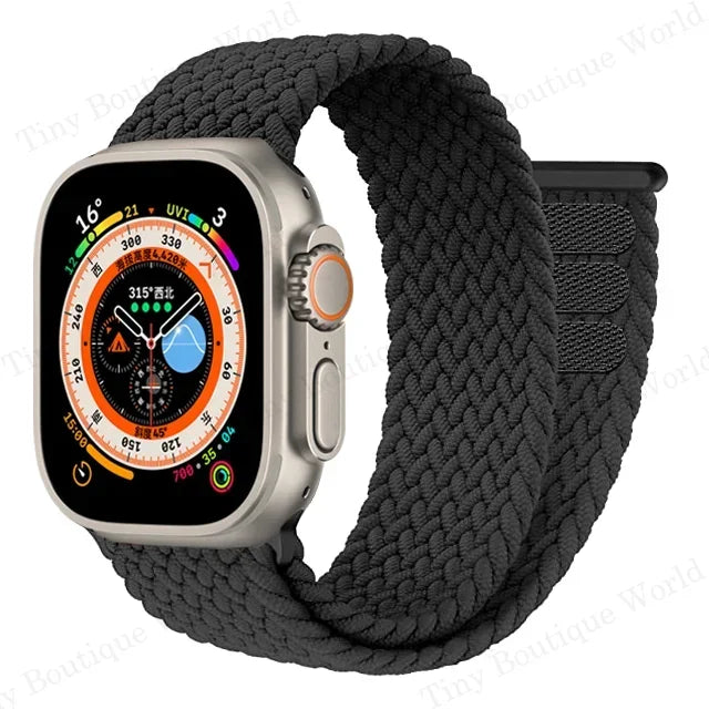 Braided band with Apple Watch face shown in detail with woven pattern
